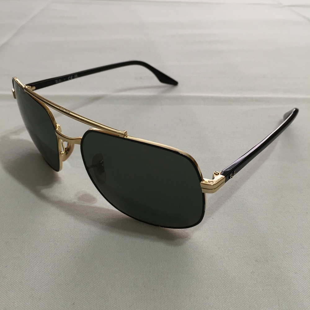 Ray-Ban Sunglasses Mens Large Black Gold Square Double Bridge Aviator